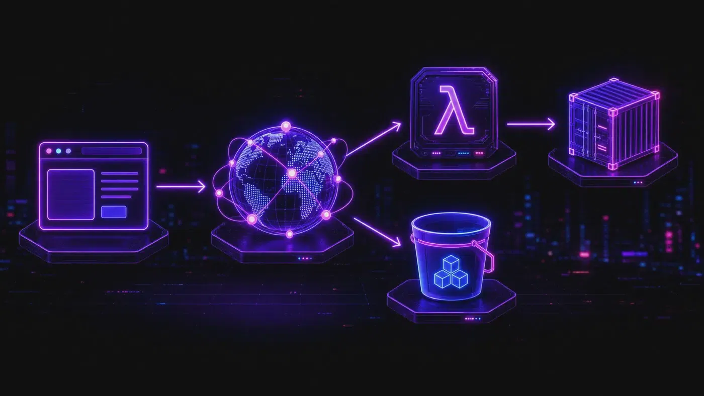 Serverless request flow: viewer to CDN, then serverless server, object storage and container